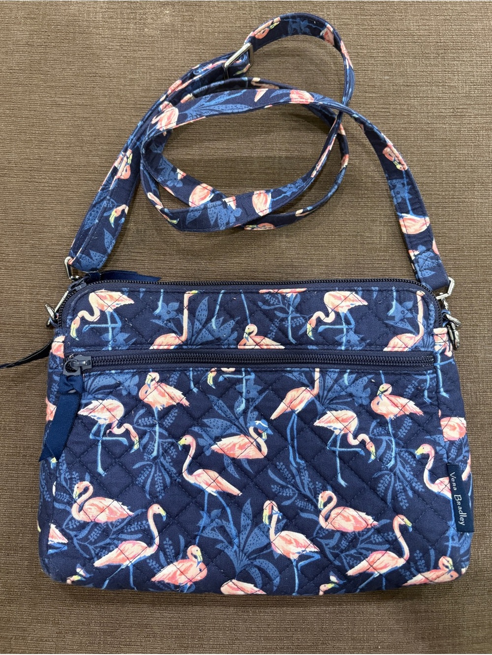 Vera Bradley Navy & Pink Flamingo Cotton Quilted Crossbody Purse Tropical EUC